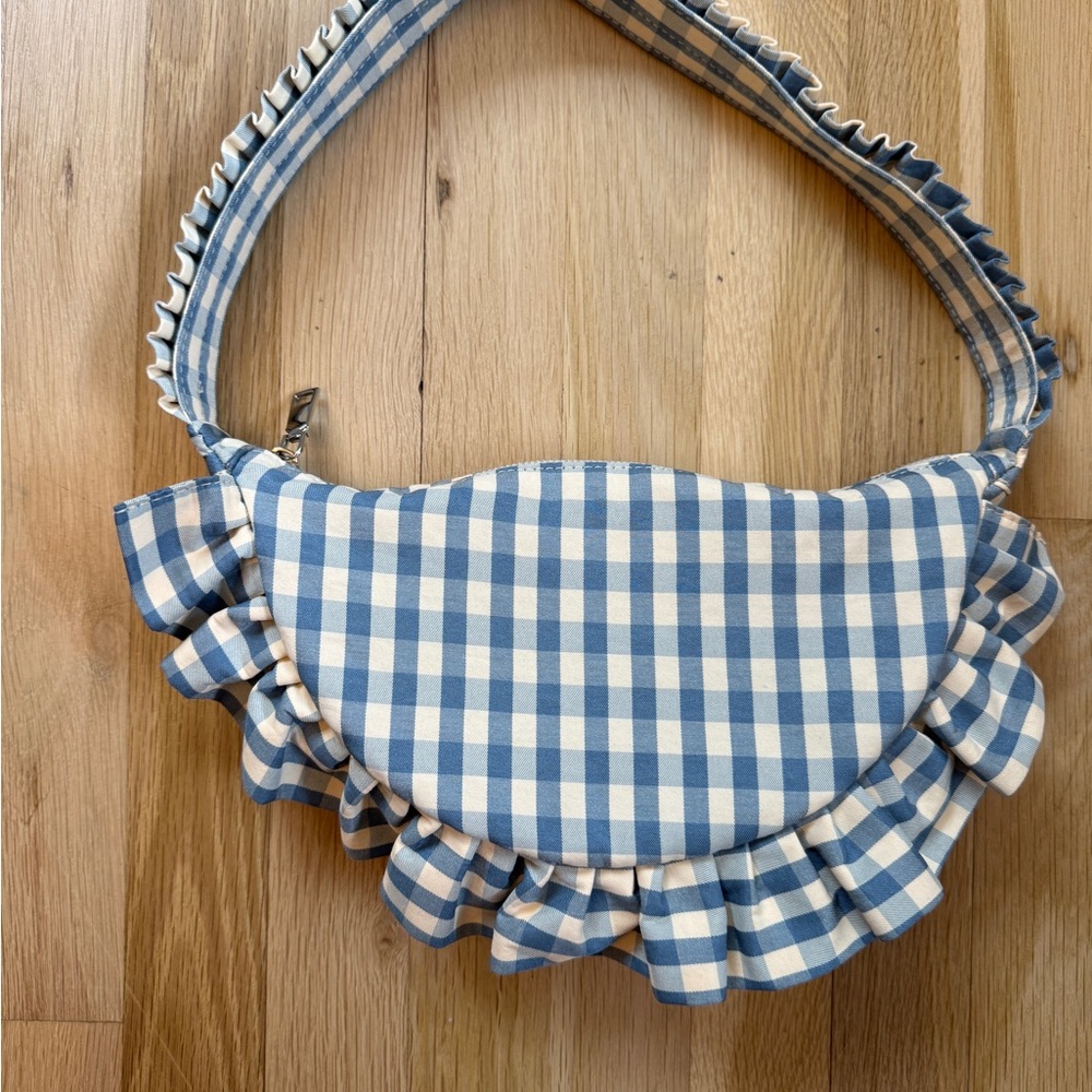 Blue and White Gingham Ruffle Shoulder Bag